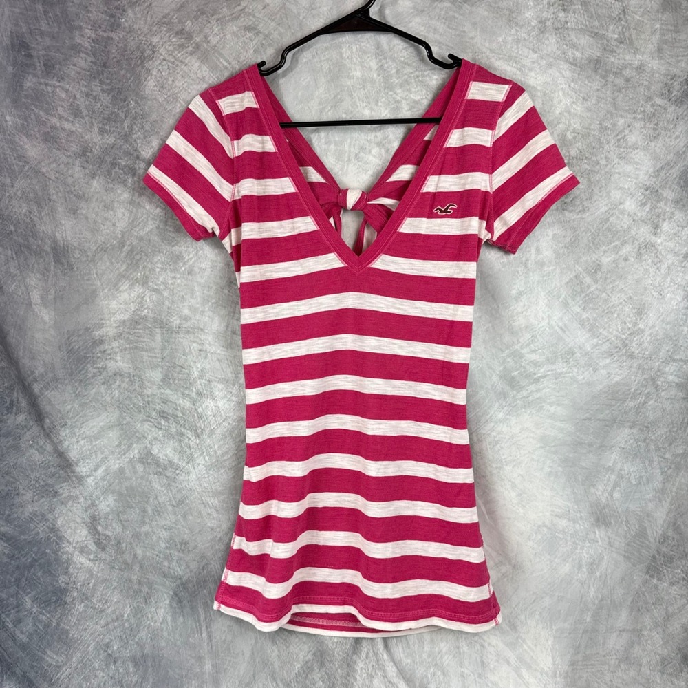 Vtg Y2K Hollister Pink White Striped Open Tie Back V-Neck Short Sleeve Top Med